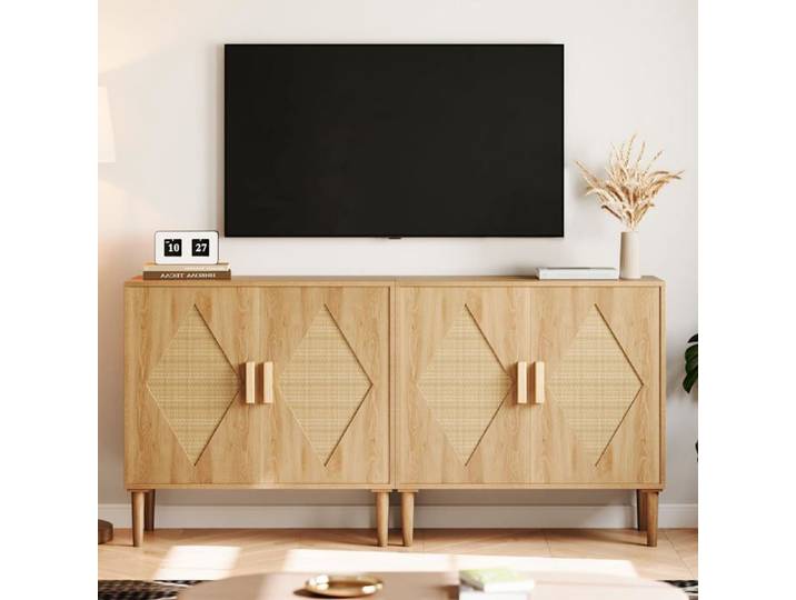 Lot 2 buffets modernes chêne naturel rotin 2 portes étagères ajustables salle à manger
