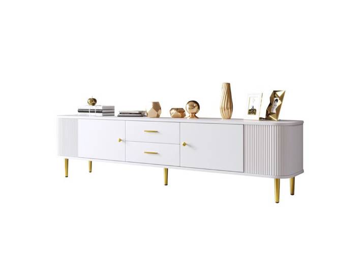 Meuble TV - TRUXEN8 - Blanc Brillant - Tiroirs Spacieux - Coins Arrondis - Design Élégant