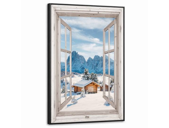 LEINWAND Bilder mit Rahmen - Winterlandschaft - Hütte - Berge - Ausblicke - Aussicht - Natur - 60x90
