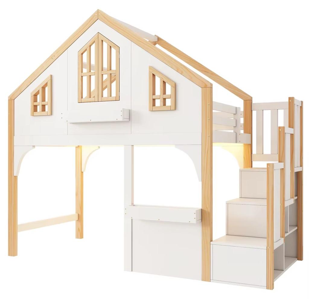 Hausförmiges Etagenbett für Kinder - 90 x 200 cm - Kiefernholz - Fensterdesign - LED-Beleuchtung - Treppe mit Stauraum - Weiß
