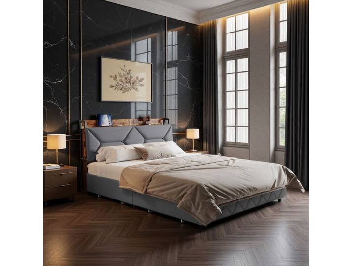 Lit tiroir - Lit double 160x200 cm - Style industriel - 4 tiroirs - Ports Type-C/USB