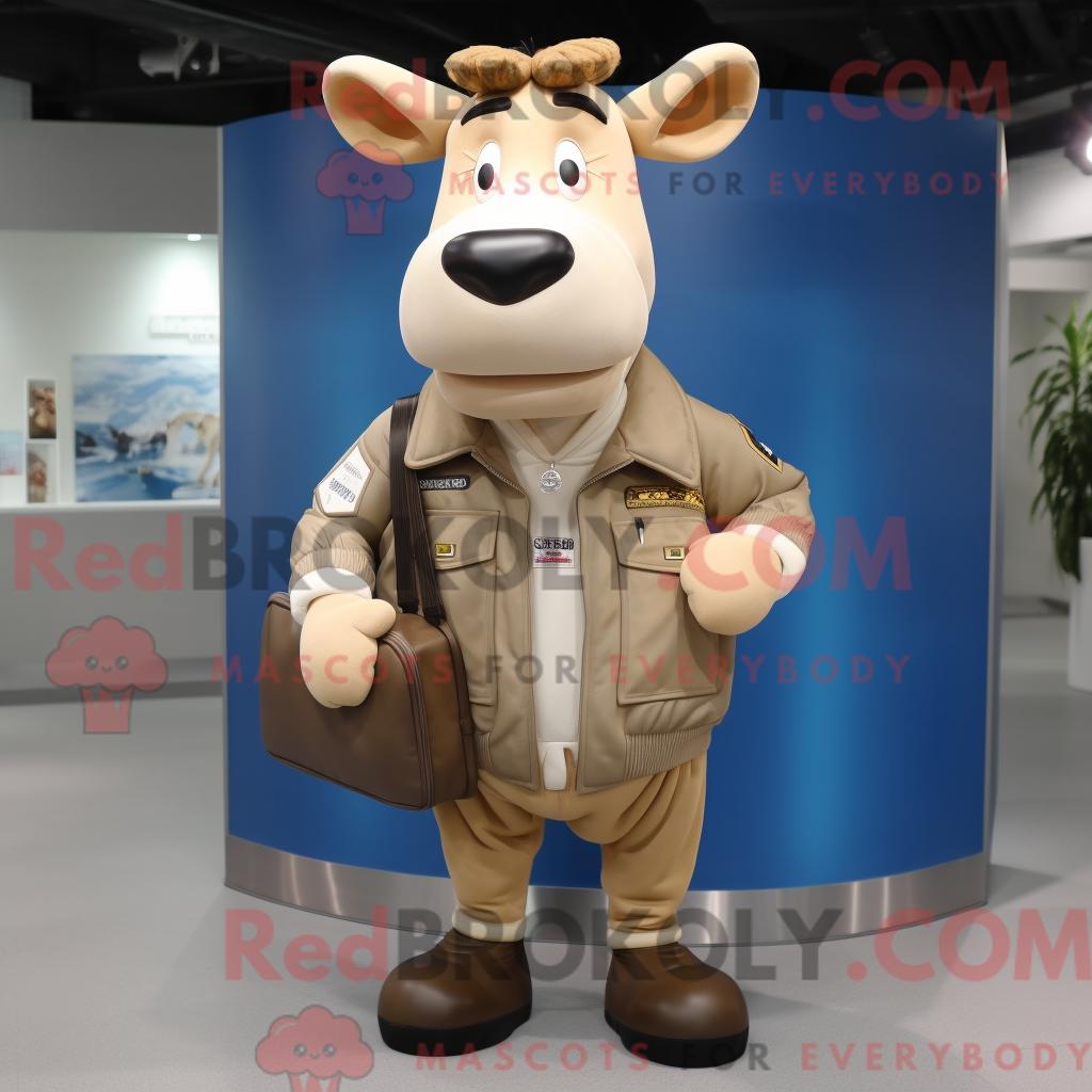 Maskottchen REDBROKOLY einer beigefarbenen Jersey-Kuh mit Bomberjacke und Aktentasche