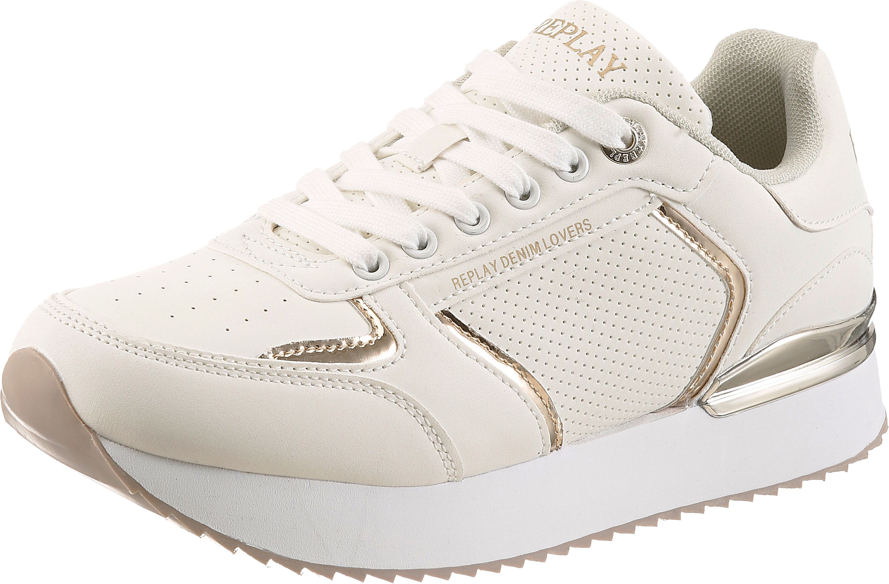 Plateausneaker REPLAY, Damen, Gr. 37, Textil, weiß (weiß, goldfarben), Lederimitat, kontrastfarbene Details, Schuhe Plateausneaker, Trend-Sneaker, Schnürschuh, Freizeitschuh mit Metallic-Details
