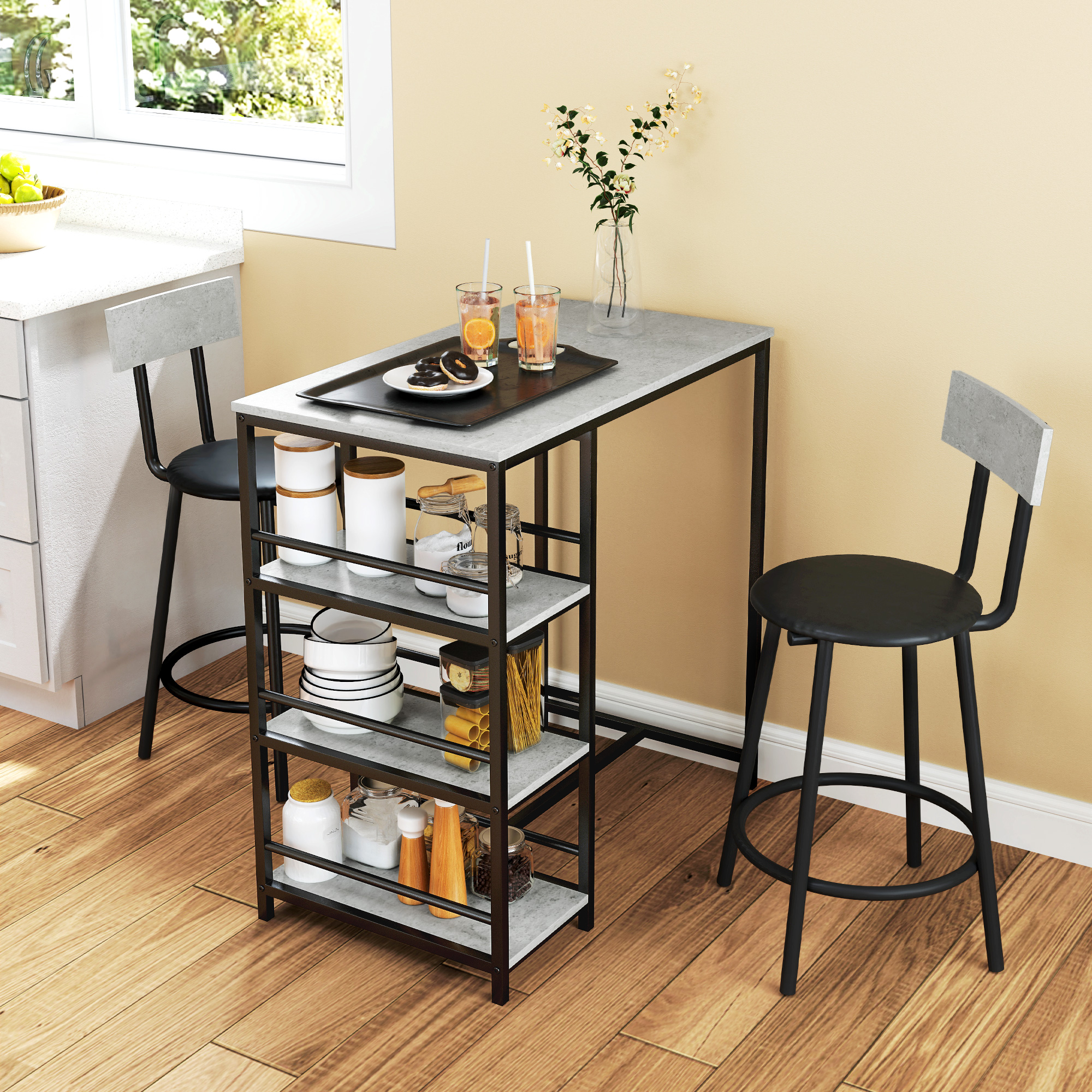 Homcom Set da Pranzo 3 Pezzi con Bancone Bar con Ripiani e 2 Sedie Alte con Schienale, Grigio Chiaro