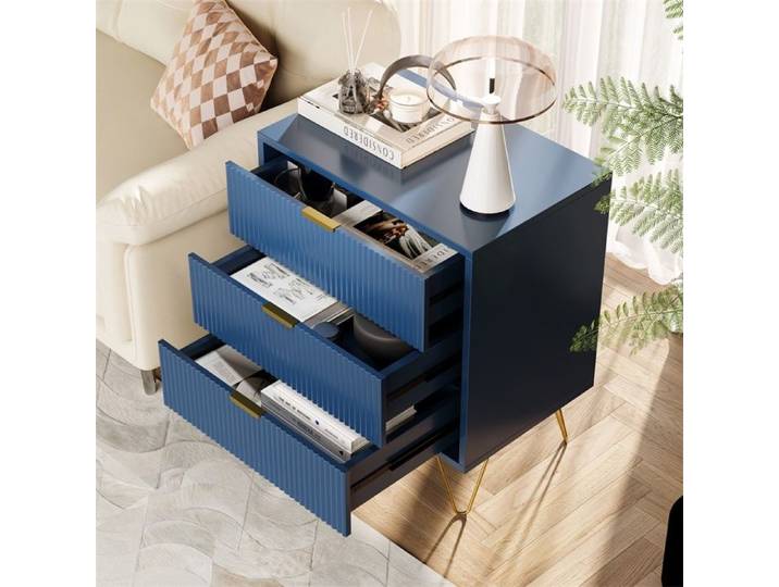 Commode 3 tiroirs - 60x40x79cm - Meuble de rangement pieds dorés pour chambre - Bleu foncé