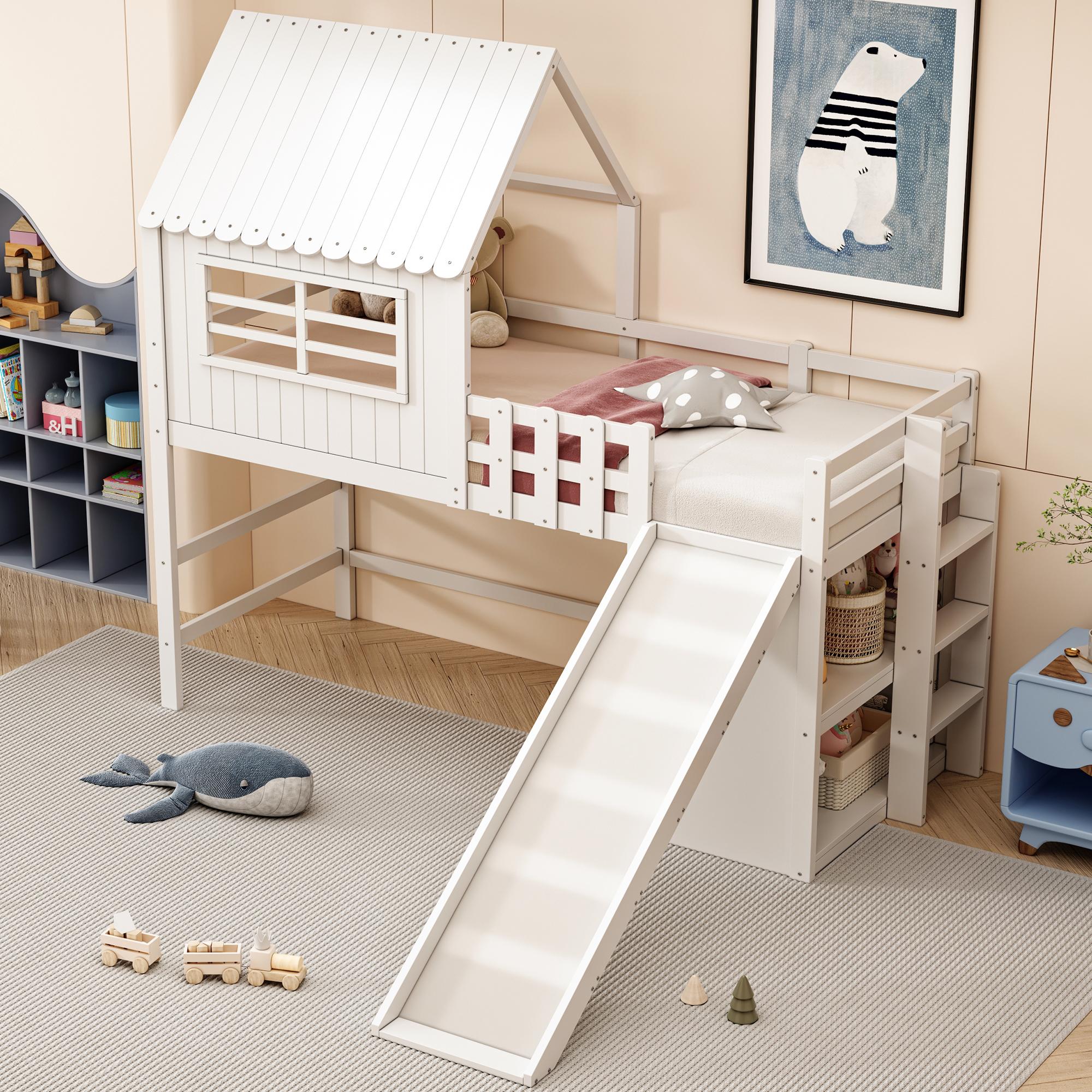 STILVORA Hochbett 90x200 mit Sicherheitsrutsche,Kinderbett mit Ablagefächer&Dachboden-Design,Bettgestell mit Sicherheitsleiter,ohne Matratze,weiß
