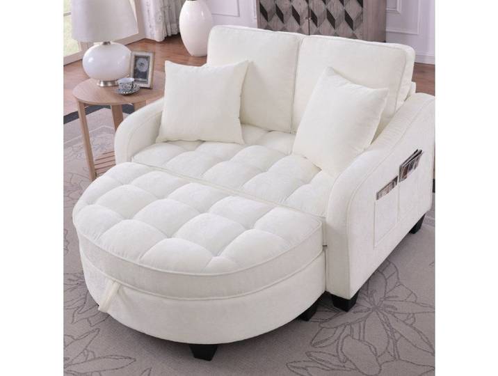 VUENOR canapé-lit 1 place 132x129x93 cm beige – convertible 2-en-1 avec pouf de rangement sans matelas