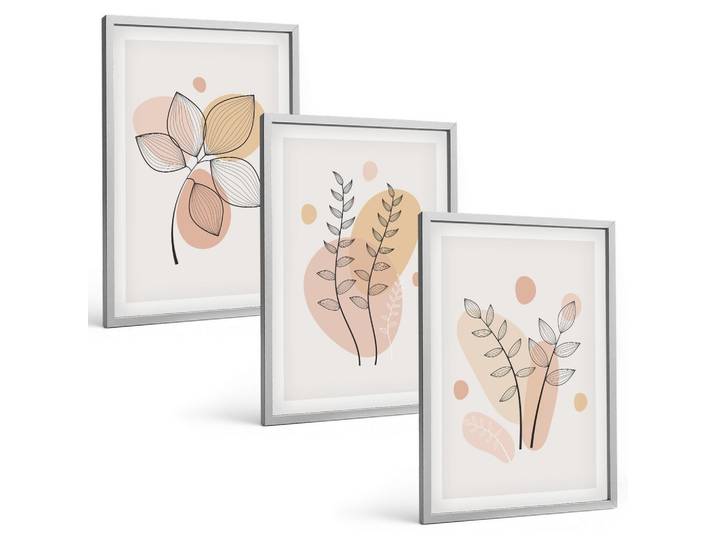 BILDER SET 3er Set - 40x60 cm Silberner Rahmen - Pastellfarbene Pflanzenzeichnungen