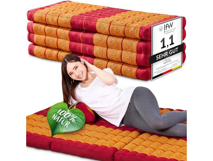 Namasdee Klappmatratze 200x110x8cm mit 100% natürlicher Kapokfüllung (Rot/Gelb)