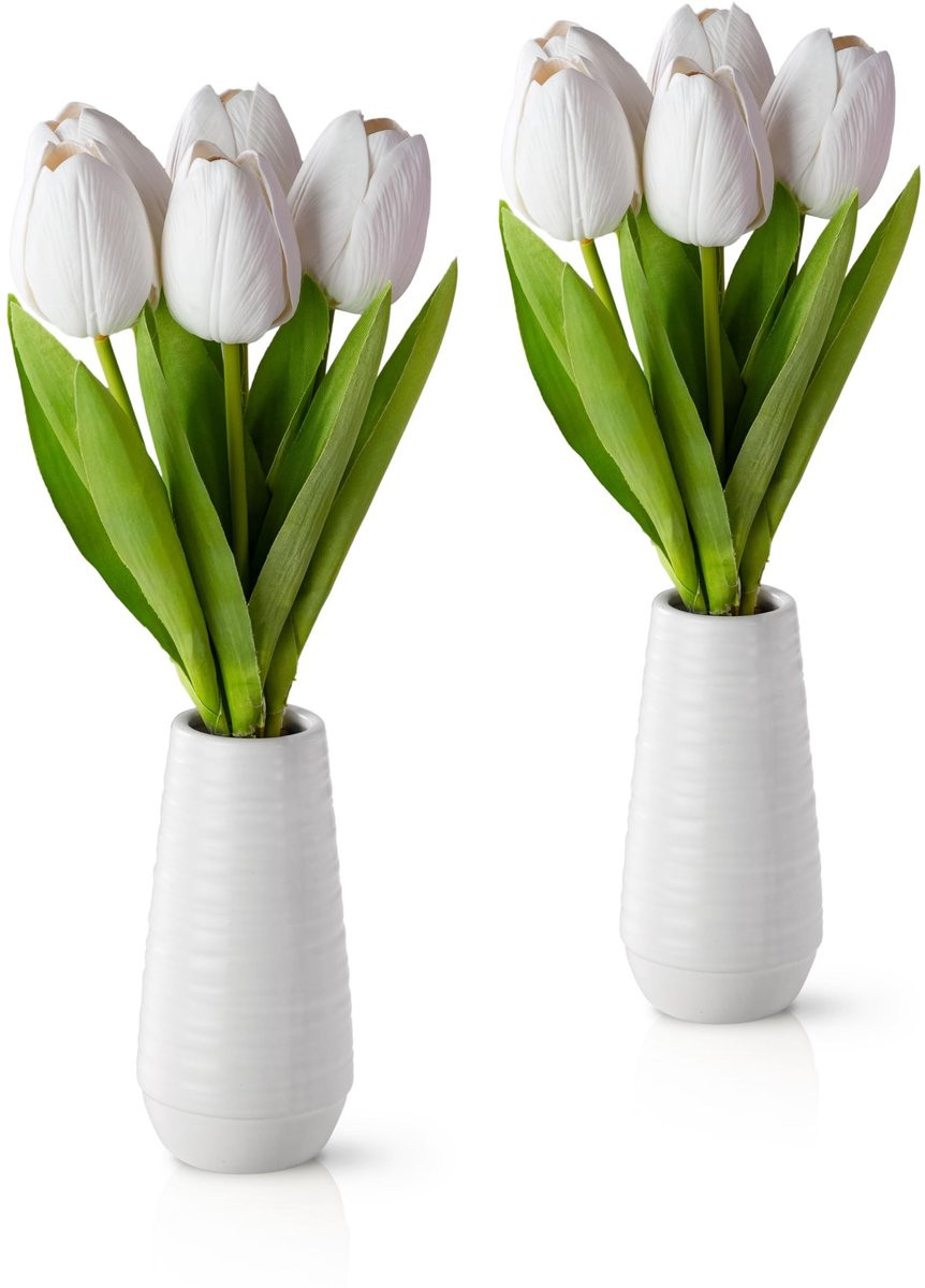 Elzusha Set van 2 Kunstmatige Tulpen in Witte Keramieken Vazen
