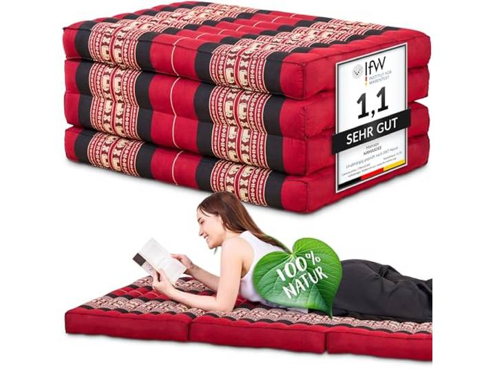 Namasdee Klappmatratze 200x80x8cm mit 100% natürlicher Kapokfüllung (Rot/Elefanten)