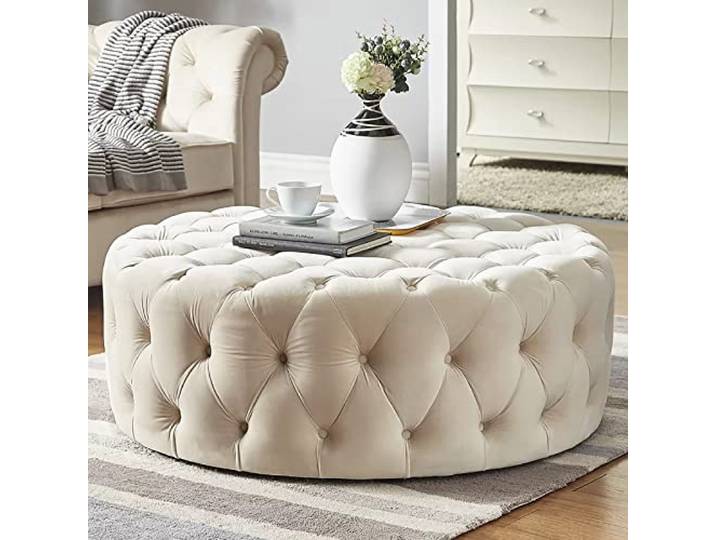 Luxuriöser Bequemer Plüsch-Fußstützenhocker,Kleiner Mordern-Couchtisch,Runder Getufteter Samthocker,Ende Der Bettbank Für Wohnzimmer, Hosting-Zimmer, Schlafzimmer-Beige 60x60x40cm(24x24x16inch)