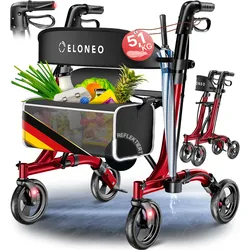 ELONEO Rollator faltbar und leicht mit Sitz - ultraleicht (5,1kg), Leichtgewicht-Reiserollator aus Aluminium, Gehhilfe höhenverstellbar und faltbar, Laufhilfe mit Tasche & Schirmhalter, Rot
