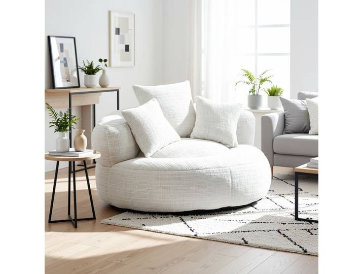URBAN MEUBLE Grand fauteuil rond en chenille beige chaise lounge avec trois coussins