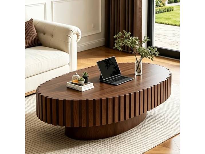WUPDPQS 43 Zoll Ovaler Trommel Holz Geriffelter Couchtisch für Wohnzimmer, Holzfurnier Tischplatte & Basis, Handgefertigt Massivholzrillen, Modern Ovaler Kaffeetisch Für kleine Räume