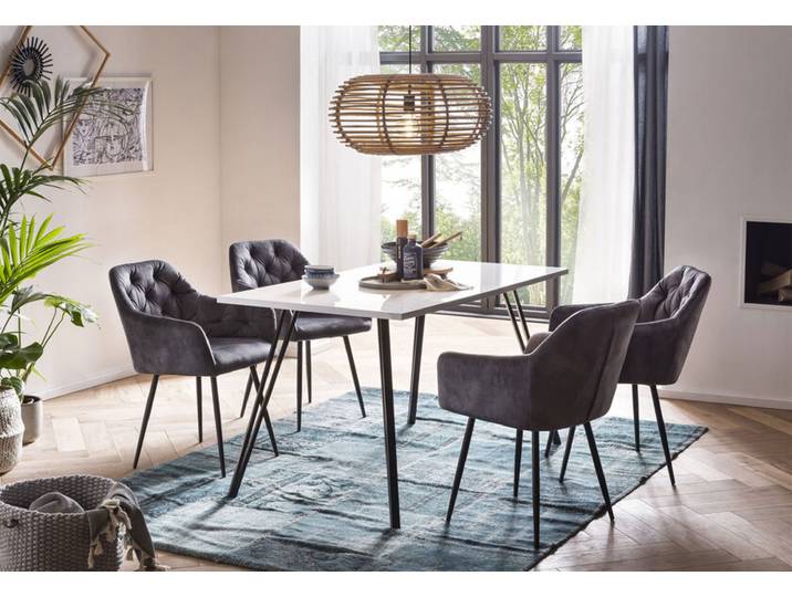 Tischgruppe Jennifer 5-teilig Hochglanz Weiß/Samtvelours Vintage-Optik Anthrazit