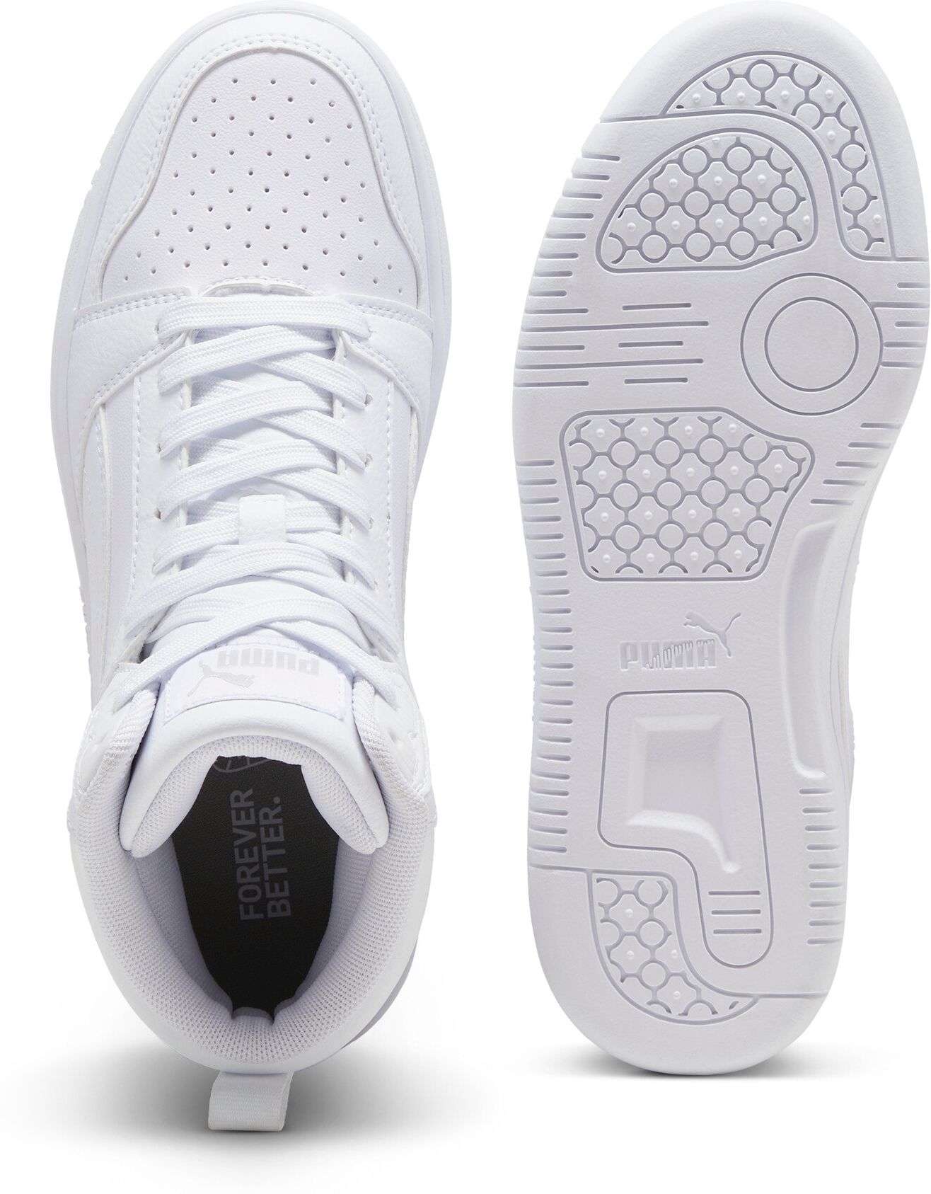 Sneaker PUMA "REBOUND V6 MID JR", Jungen, Gr. 35,5, weiss (puma weiß, cool light gray), Synthetik, Schuhe Sneaker, knöchelhoch, retro-inspiriertes Design, mit SOFTFOAM+ Dämpfung puma weiß, cool light gray 35,5