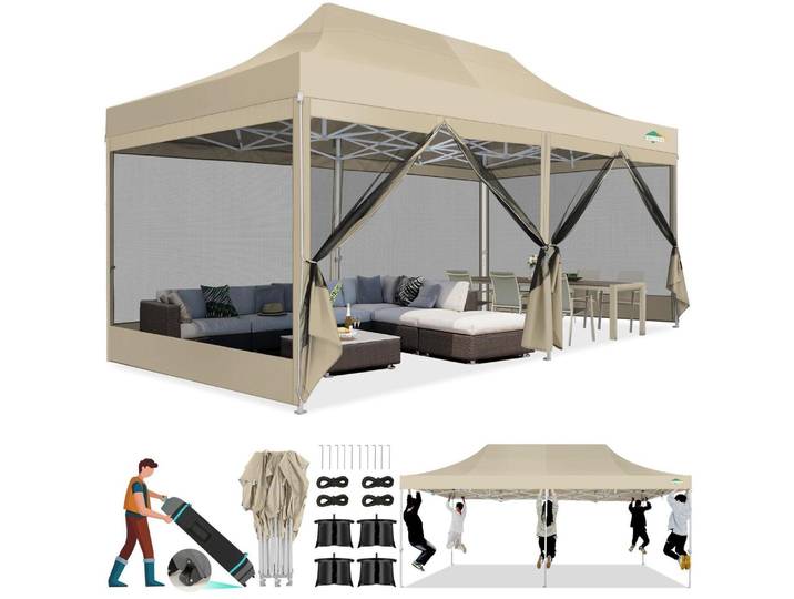 Faltpavillon 3x6 m mit Moskitonetz, wasserdicht, UV-Schutz 50+, 6 Seitenwände, Khaki