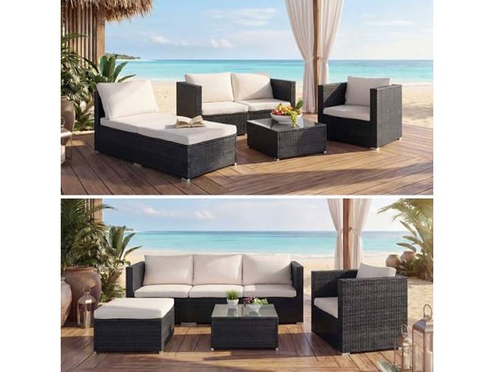 Mendler Poly-Rattan-Garnitur Brescia - schwarz, Kissen Creme