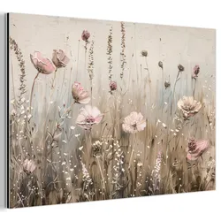 METALLBILD Blumen - Rosa - Modern - Beige Wanddeko 90x60 cm