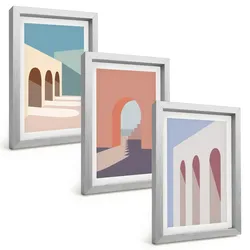 BILDER SET 3er Set - 20x30 cm Silberner Rahmen - Architekturgrafiken in Pastellfarben