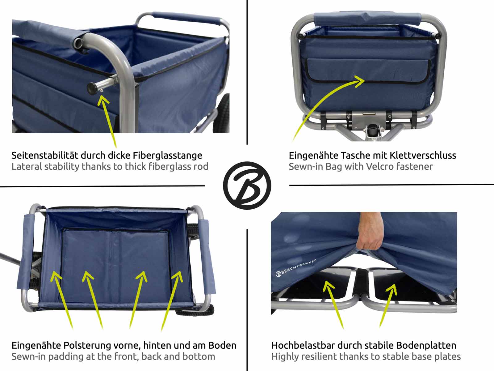 Beachtrekker faltbarer Bollerwagen Life mit integrierter Feststellbremse Blau und PU-Reifen