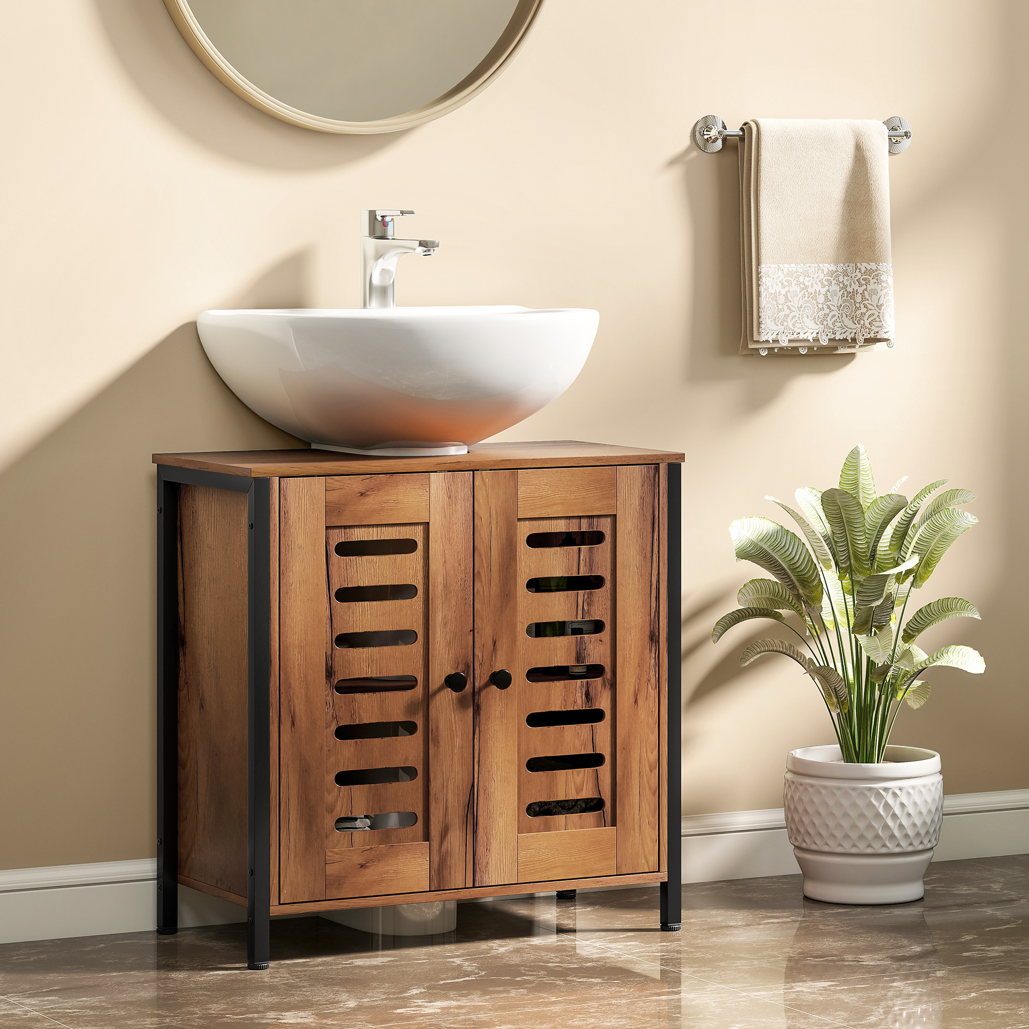 Homcom Mobile Sottolavabo 2 Ante a Doghe con Chiusura Magneticae Ripiano Regolabile, 60x30x60 cm, Marrone Rustico   Aosom Italy