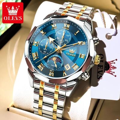 Uplifted Finds Olevs 3675 Mens Multifunction Chronograph Quartz Watch Moon Phase Design gold blue