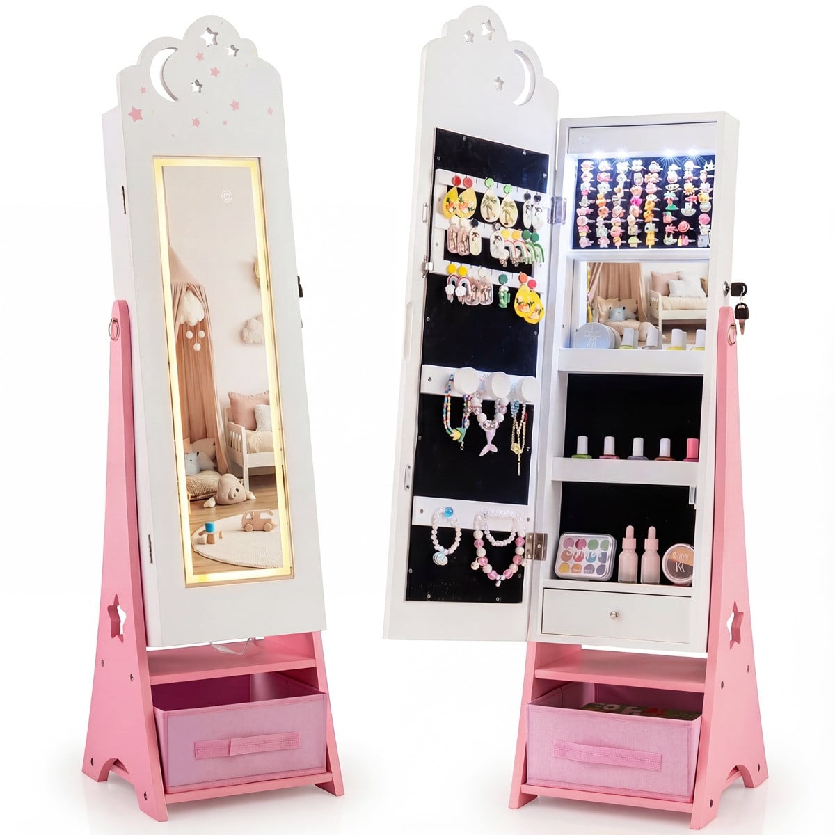 Costway Staande Sieradenorganizer voor Kinderen met Verlichting en Passpiegel