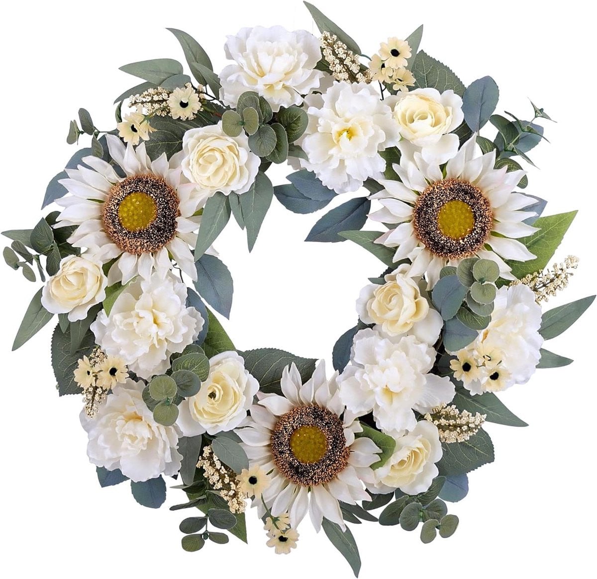 Handgemaakte kunstmatige krans met zonnebloem en pioenroos voor lente en zomer decoratie, 60 cm