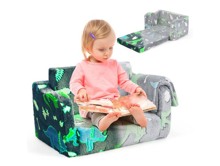 Kinderbank met Deken 2-In-1 Opvouwbare Peuterbank en Ligstoel Lichtgevende Bank in het Donker voor Kinderen-Grijs