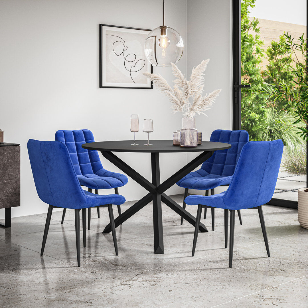 Metro Darcus 120cm Round Dining Table Set with 4 Nova Velvet Chairs Black/Black/Blue 4