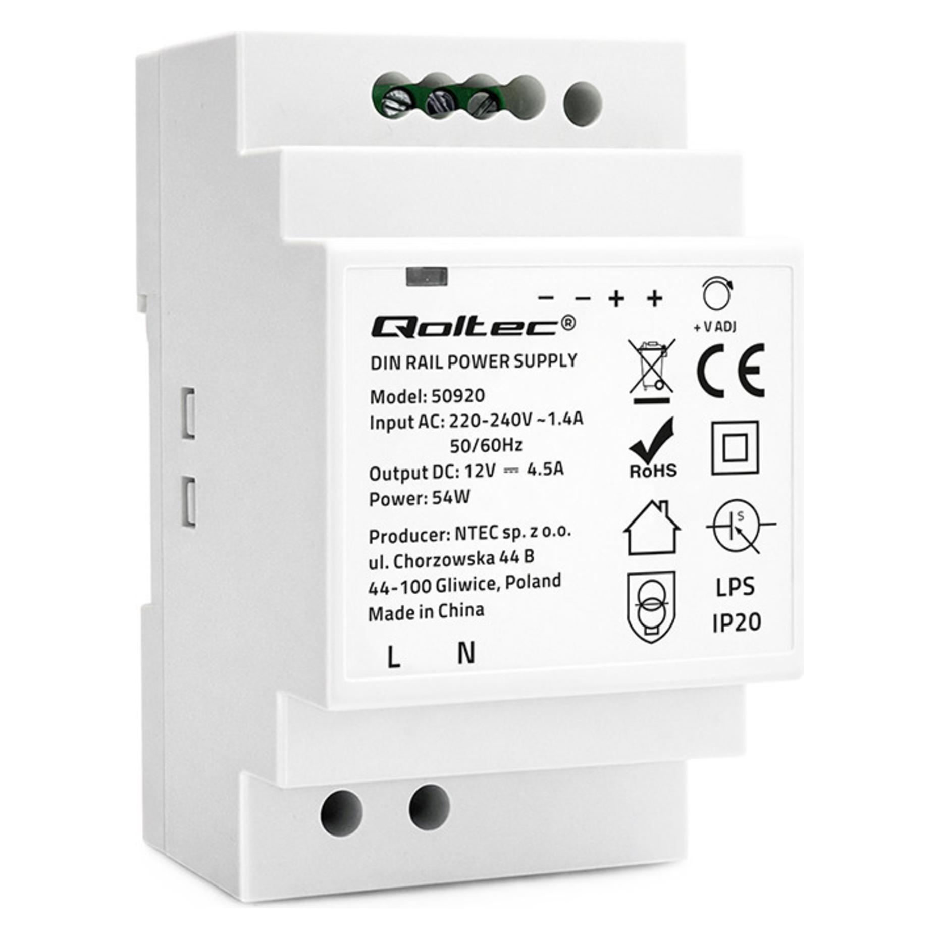 Qoltec DIN-Schienen-Netzteil | 54W | 12V | 4 5 A | Grau (50920)