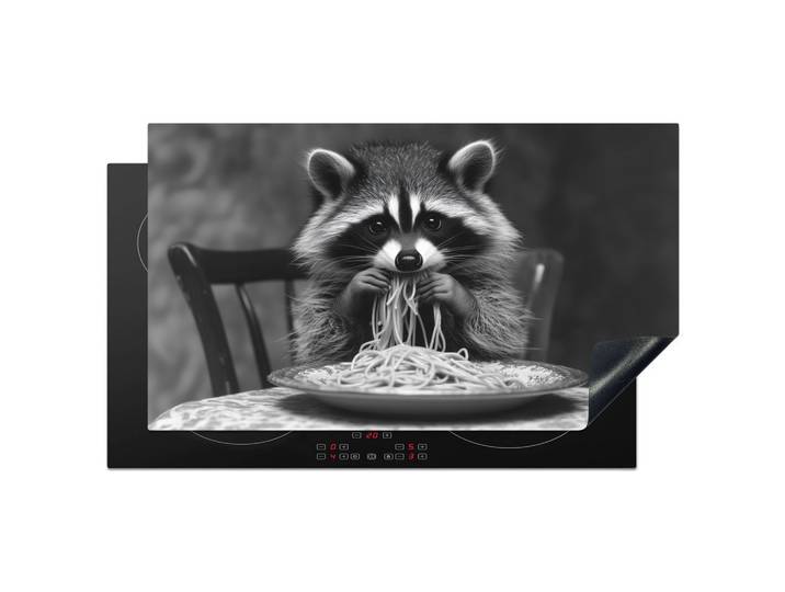 HERDABDECKPLATTE Waschbär - Niedlich - Pasta - Tischtuch - Schwarz - Weiß Induktionsschutz 91.2x52 cm