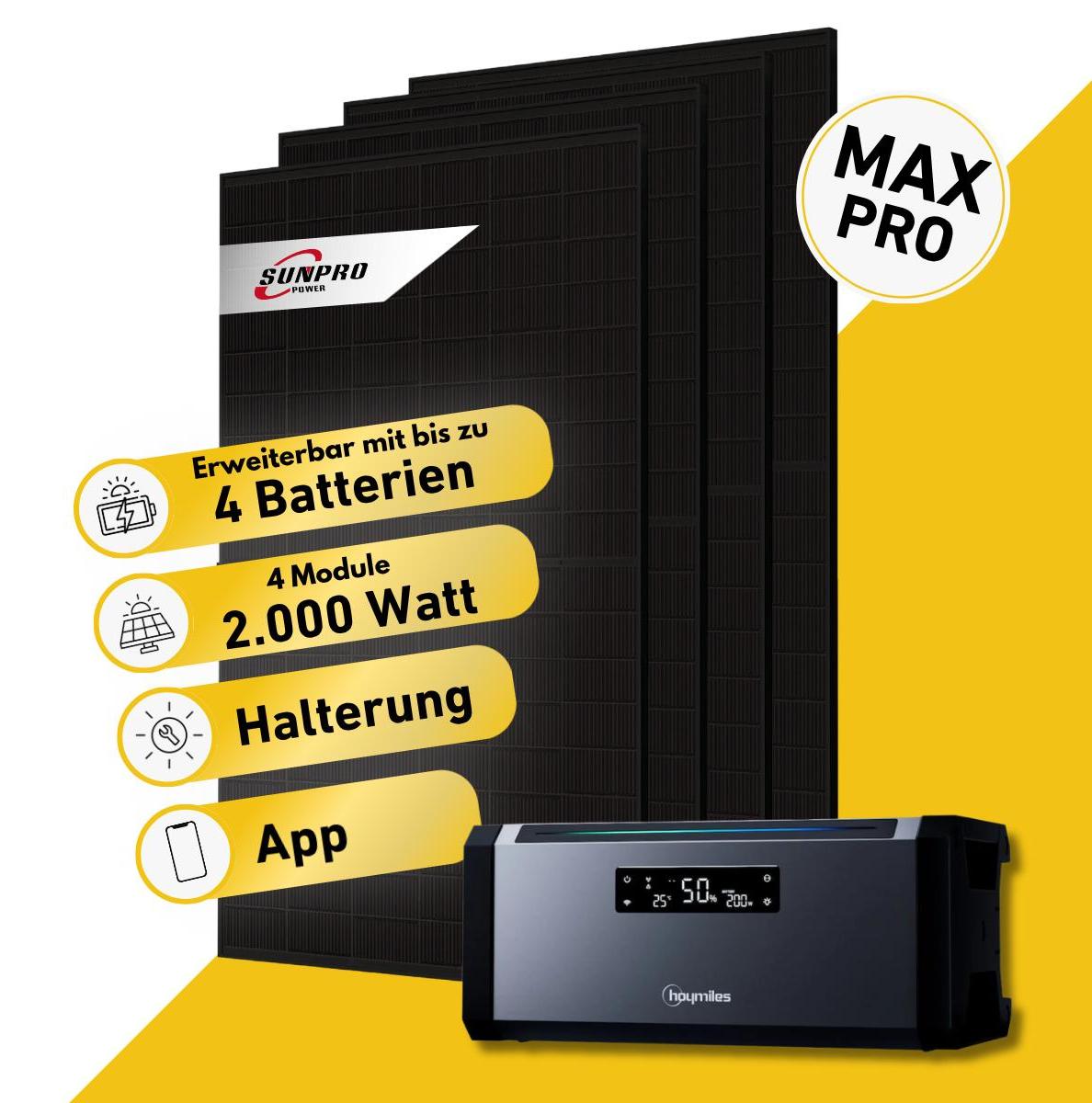 Balkonstrom Balkonkraftwerk 2000W Solaranlage mit Speicher | Balkonhalterung | 4xSolarmodul Bifazial | Hoymiles AC1920