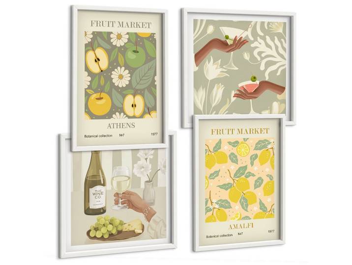 BILDER SET 4er Set - 50x50 cm & 40x60 cm Weißer Rahmen - Fruchtige Muster italienischer Wein