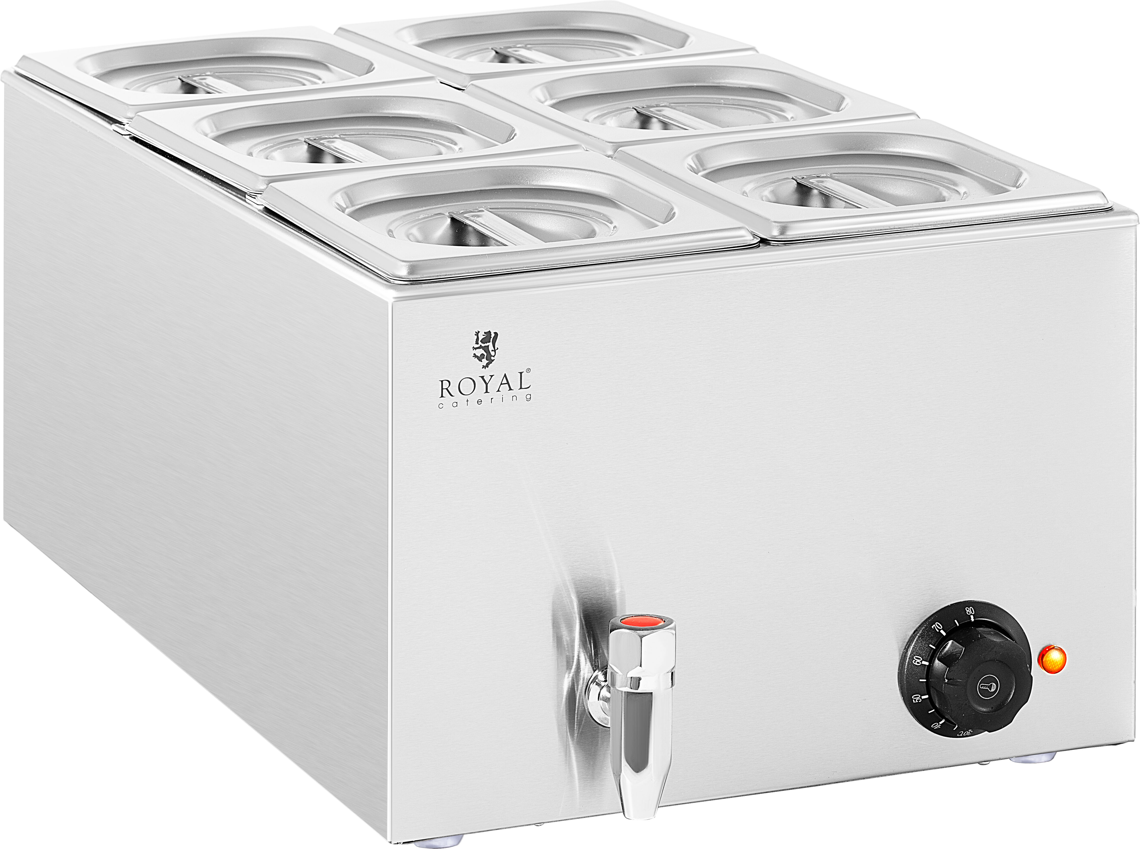 Royal Catering Lämpöhaude - 600 W - 6 GN 1/6 - tyhjennyshana RCBM_GN1/6