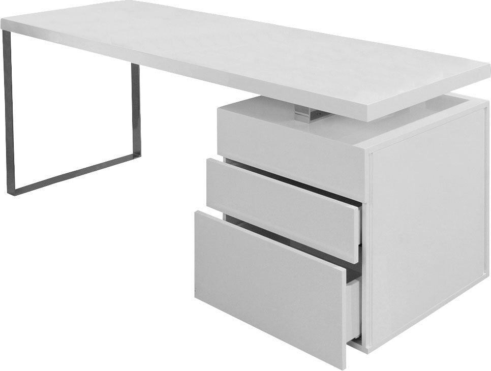 Schreibtisch SALESFEVER "Varberg - Arbeitsplatz Deluxe Design-Laptoptisch", weiß (weiß, chromfarben, chromfarben, weiß), B:180cm H:76cm T:85cm, Tische, Schreibtisch, Mit praktischen 3 Schubladen-Container inklusive