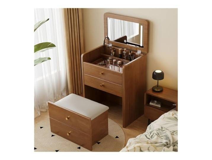 zhangrui1888 Schminktisch Schminktisch mit Klappspiegel, gepolstertem Hocker Schlafzimmer-Make-up-Waschtisch ﻿(Bruin)