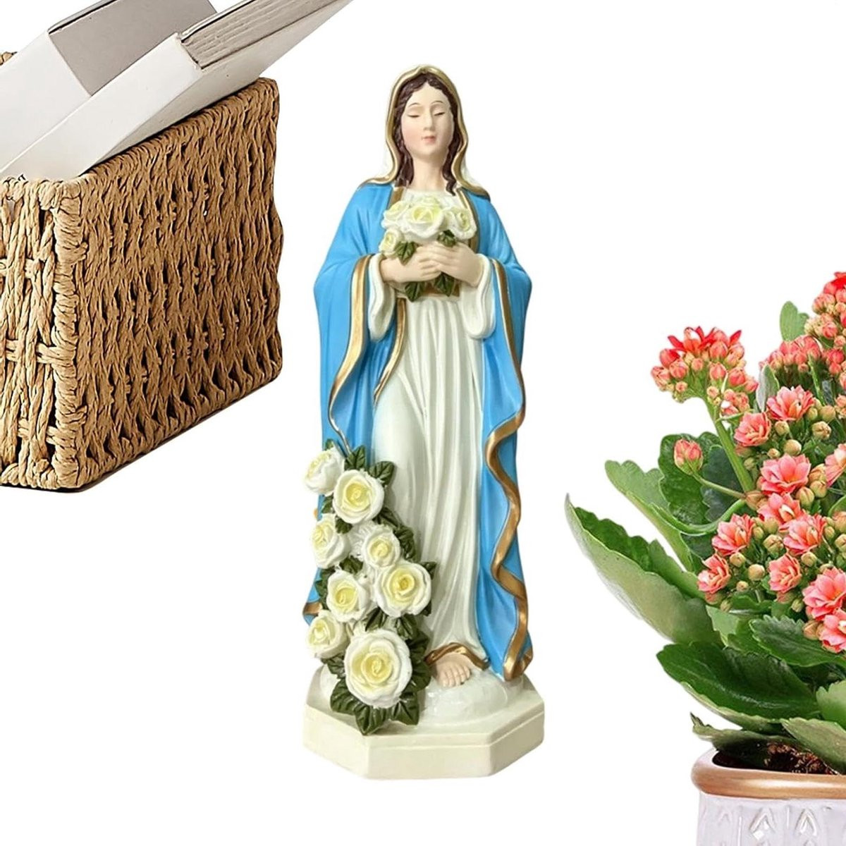 Moeder Maria Standbeeld met Rozenaccenten - 20 cm Hoog
