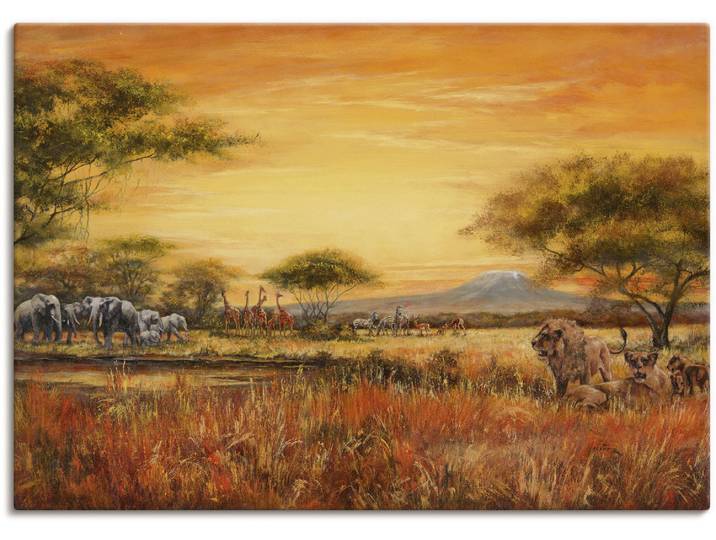 Leinwandbild ARTLAND Afrikanische Steppe mit Löwen , braun (farbe bild(er): braun), B:70cm H:50cm, Bilder, Leinwandbild, auf Holzrahmen gespannt