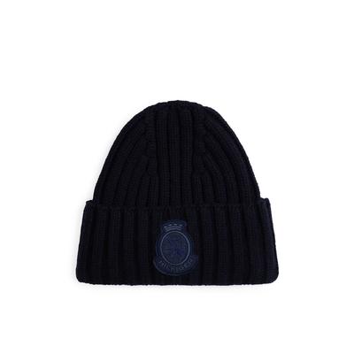 Beanie TOMMY HILFIGER "TH CREST FLUFFY", Damen, blau (space blau), Strick, Wolle, Mützen Beanie, aus reiner Wolle, TH-Wappen-Patch an Umschlag