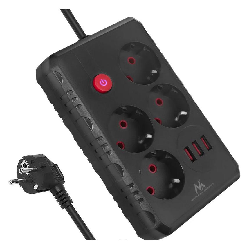 Maclean Multiprise 4 prises MCE392 + USB + Interrupteur 1,50m (Noir) (4x, USB-A, 1.50 m) (MCE392 B)