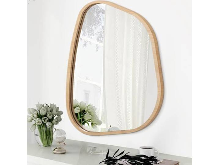 Unregelmäßiger Badezimmerspiegel, moderner Wandspiegel, asymmetrischer Wandspiegel mit Holzrahmen, einzigartige Form, Wandmontage, Schminktisch, künstlerischer Spiegel, Dekoration für Wohnzimmer
