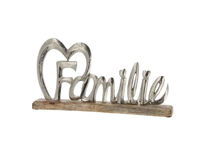 Schriftzug Familie, Aufsteller Mangoholz und Aluminium, braun, silber, 42 x 21 x 5 cm