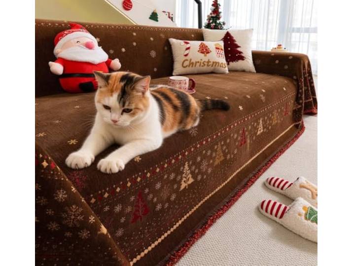 Widerstandsfähige Weihnachten Stil dicke Spur Sofa werfen (B,180x380cm) Katze kratzfester Schutz, Weihnachtsabdeckung für Weihnachtsdekoration, Geschenk, Schlafsofa, Sofa