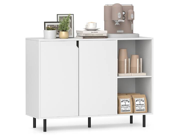 Keukenbuffet Modern Houten Buffet met 2 Deuren Verstelbare Planken Metalen Poten en 2 Open Vakken Opbergconsole voor Eetkamer