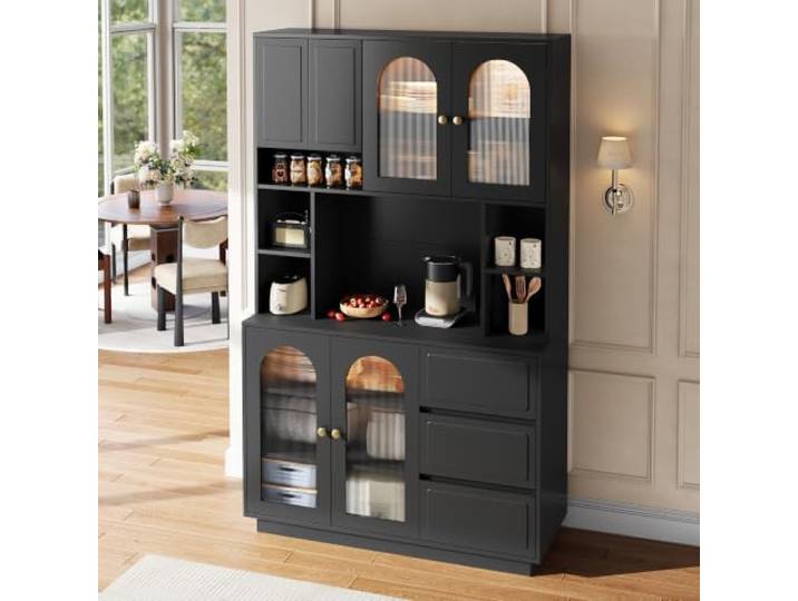 Merax Hoher Sideboard Schrank 106x30x175cm, mit Bogen-Acryltüren, offenen Fächern & APP-LED – Schwarz