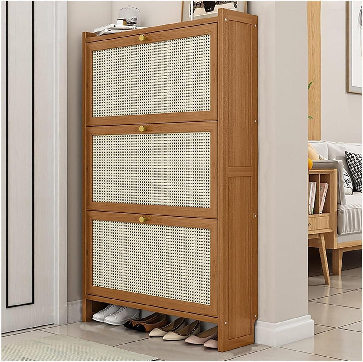 Bruine houten schoenenkast met flip-down deuren, Breedte: 70 cm
