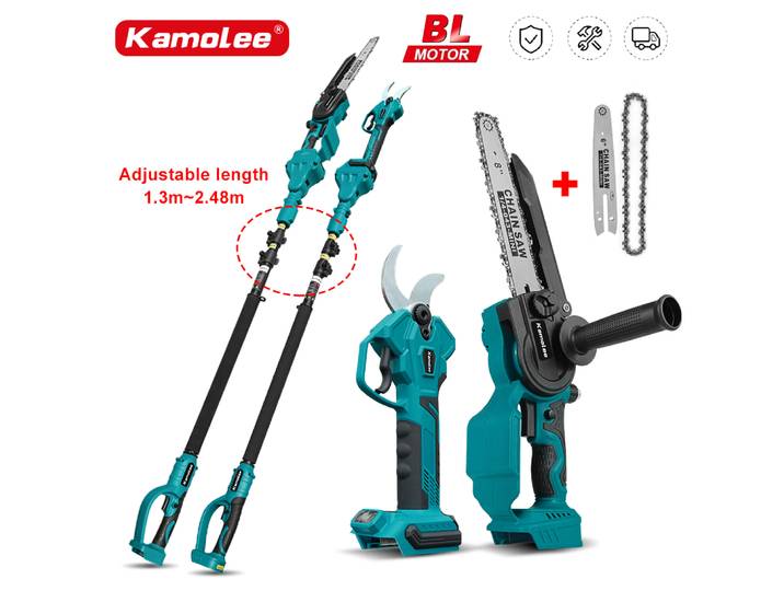Kamolee poteau d'extension de 2,5 mètres scie à branche haute adaptée aux ciseaux électriques scie à chaîne rechargeable scie à main de 6 pouces/8 pouces